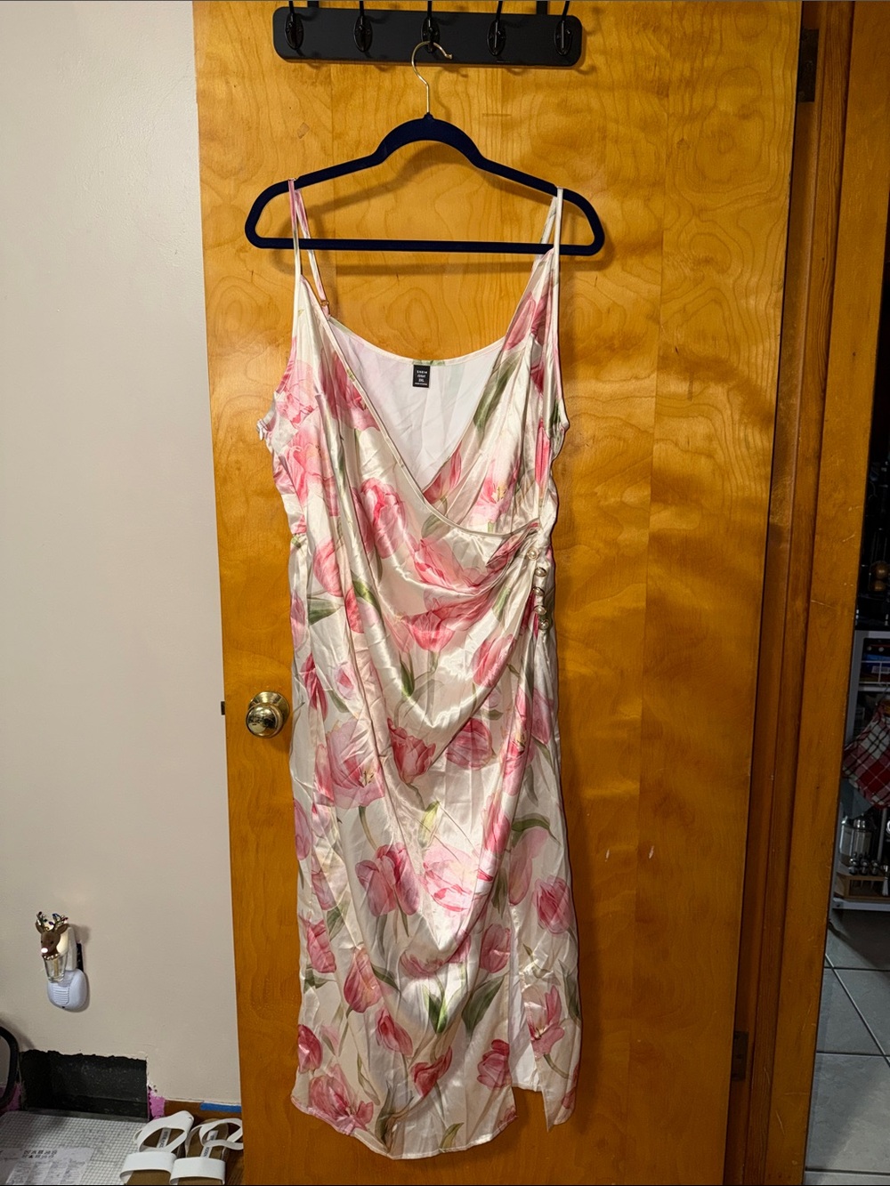 SHEIN Cream Satin Slip Dress with Pink Floral Print